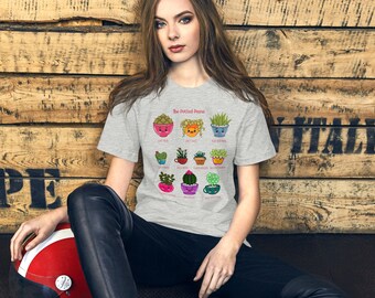 Succulent and Cactus Unisex Cotton Shirt | Potted Posse | Cute Potted Plants with Pop Culture Punny Names | Art By Eva Sawyer | Size Sm - 3X