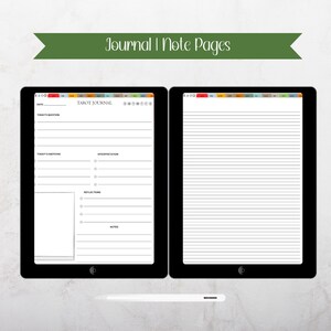 May include: Two black tablets displaying digital journal pages. One tablet shows a tarot journal layout with prompts, the other a lined page for notes. A white stylus rests below the tablets. The banner above reads "Journal | Note Pages."