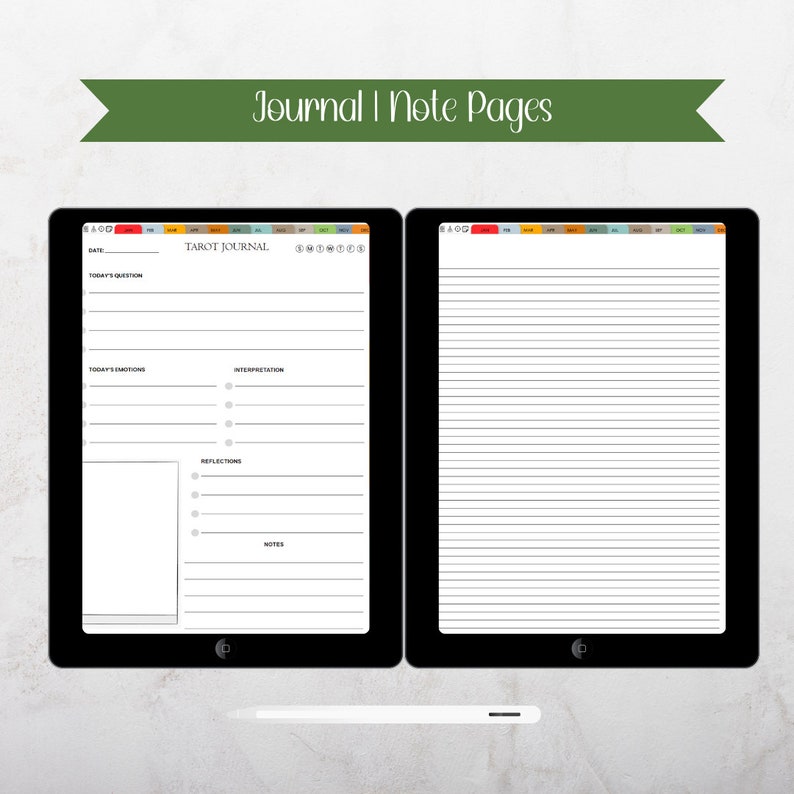 May include: Two black tablets displaying digital journal pages. One tablet shows a tarot journal layout with prompts, the other a lined page for notes. A white stylus rests below the tablets. The banner above reads "Journal | Note Pages."