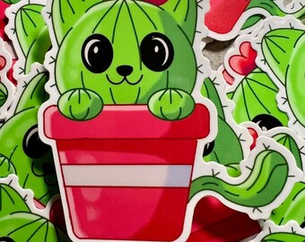 Cute Cactus Kitty Vinyl Sticker - 3 Inch Weatherproof and Fade-Resistant Decal - Eco-Friendly Outdoor, Vehicle Safe, Dishwasher Safe