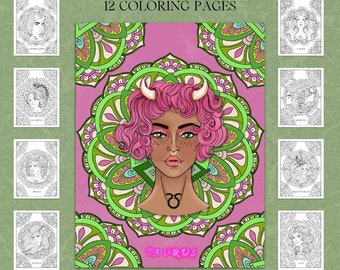 Zodiac Girls Coloring Pages | Digital Coloring Book | Horoscope Astrology |  Mandalas Line Art | Digital Download |  Printable PDF