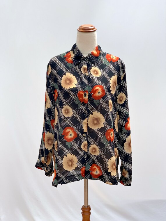 Vintage 1990s sunflower/poppy checked collared bl… - image 4