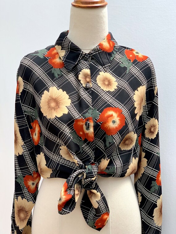 Vintage 1990s sunflower/poppy checked collared bl… - image 1