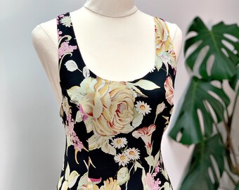 Vintage 1990s black pastel florals maxi dress with cross back and back split