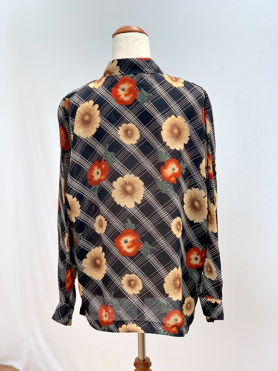 Vintage 1990s sunflower/poppy checked collared bl… - image 5