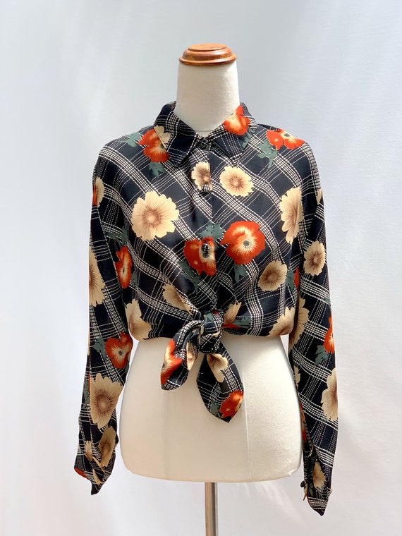 Vintage 1990s sunflower/poppy checked collared bl… - image 2