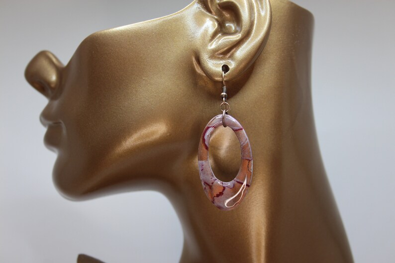 Offset Oval /& White Watercolor Marble Polymer Clay Earrings Copper Maroon