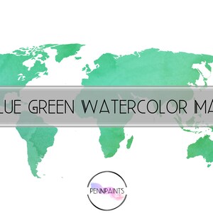 Aquarell Karte PNG / Silhouette Karte Design / Blau-Grün Aquarell Worl Karte / Kommerzielle Nutzung / 300 DPI