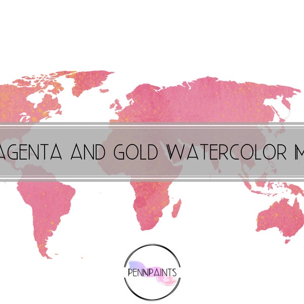 Magenta and Gold Map PNG / Watercolor Map PNG / Commercial Use / Travel Blog / 300 DPI / Watercolor Clipart / Globe Art