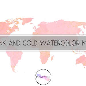 Pink und Gold Aquarell Karte PNG / Reise Blog Logo / Aquarell Clipart / Kommerzielle Nutzung / 300 DPI / Weltkarte