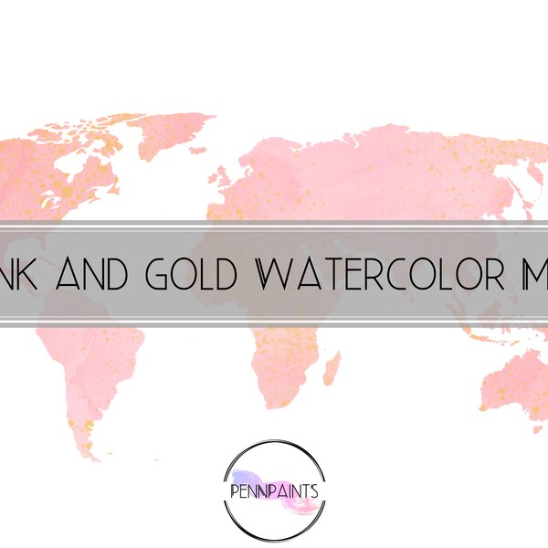Pink and Gold Watercolor Map PNG / Travel Blog Logo / Watercolor Clipart / Commercial Use / 300 DPI / World Map