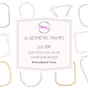 May include: A set of 35 geometric frames in gold, rose gold, silver, champagne, and bronze colors. The frames are 300 DPI and are perfect for adding a touch of elegance to your designs.