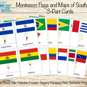 Banderas y países de Sudamérica - Tarjetas de 3 partes Montessori Nomenclature PDF imprimible