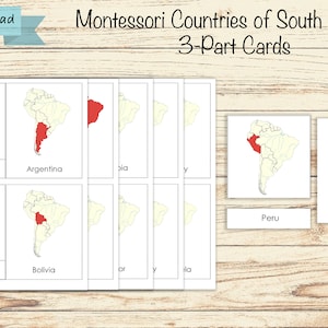 Países de América del Sur - Tarjetas de 3 Partes Montessori - Geografía - PDF de Alta Calidad