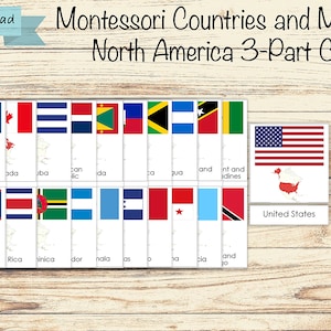 Bandiere e paesi del Nord America - Carte in 3 parti Montessori Nomenclatura PDF Stampabile
