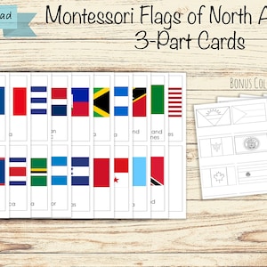 Banderas de América del Norte - Tarjetas de 3 partes Montessori Nomenclatura PDF Imprimible