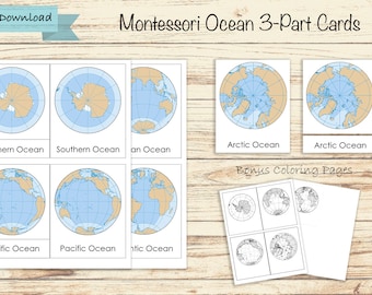 Oceans of the World - 3-Part Cards Montessori Nomenclature PDF JPG Printable