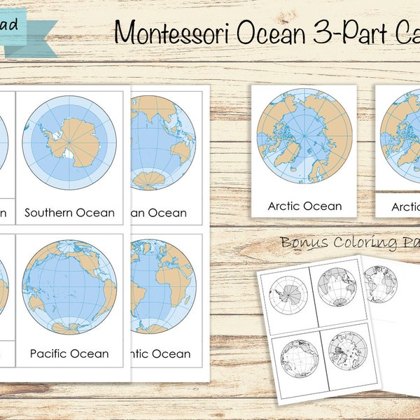 Oceans of the World - 3-Part Cards Montessori Nomenclature PDF JPG Printable