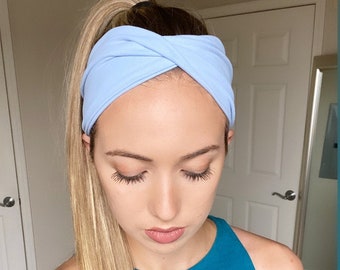 S317 Cute Girly Light Blue Wired Headband with Knitted Style Flower Print