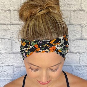 Black Floral Ribbed Sailor Knot Headband, Boho Hairstyle, Women’s Knotted Hair Band, floral print