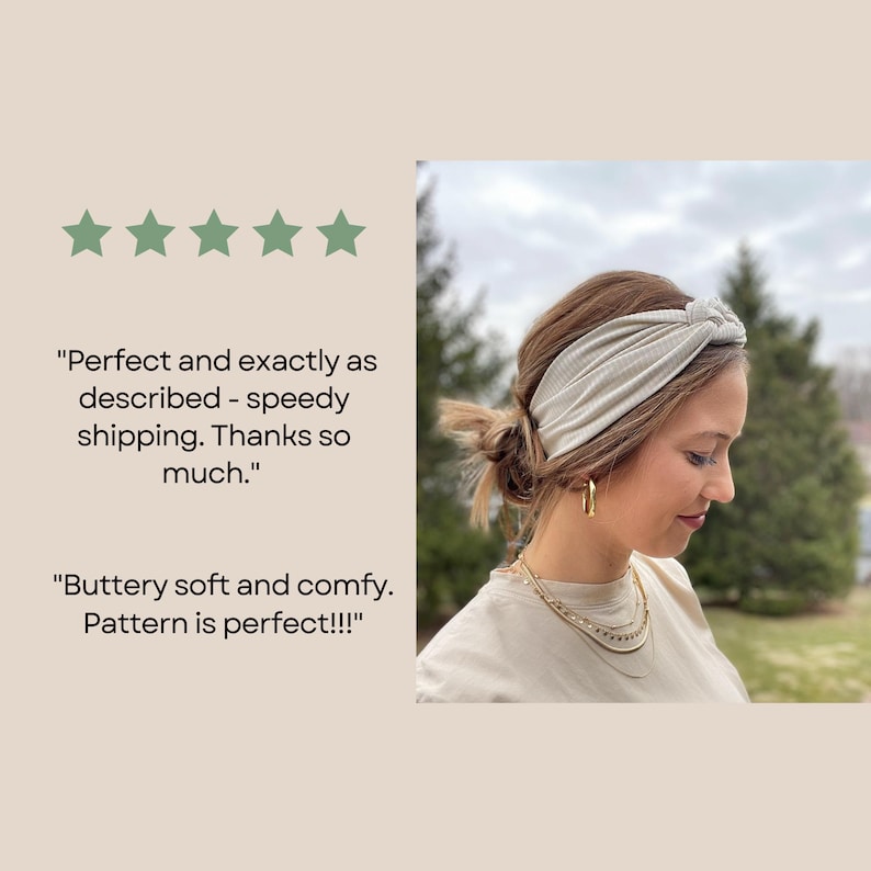 Examples of 2 five star reviews from Hair Haven Accessories and a picture of a woman wearing a soft, stretchy headband.