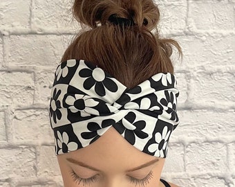 Black and White Headband, Floral Headband, Vintage Looking Headband, Headband, Soft Fabric, Wide Headband, Workout Headband, Bride Gift