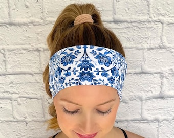 Womens Blue and White Floral Headband, Preppy accessories, nurse hair band, beach vacation style
