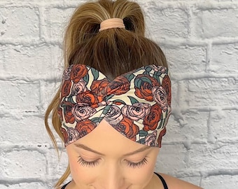 Rose Headband, Floral Boho Hair Accessories, Wide Stretchy Hair Band