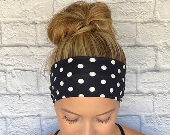 Black and White Polka Dot Headband, Girls Headband, Knit Headband, Black Headband, Soft Stretchy Headband