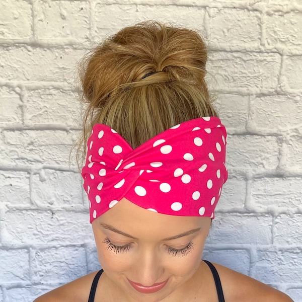 Pink and White Polka Dot Headband, Wide Headband, Knit Headband, Pink Headband, Soft Headband