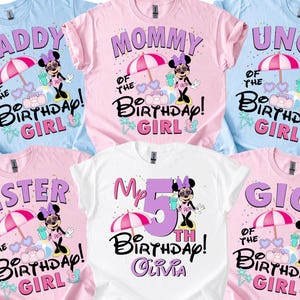 May include: A selection of t-shirts in light blue, pink, and white. Each shirt displays a Minnie Mouse design and text including "Daddy", "Mommy", "Uncle", "Sister", "My 5th Birthday! Olivia", and "Gig!" with the words "of the Birthday Girl".