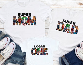 Chemise super-héros, fête d'anniversaire super-héros, anniversaire de super-héros, T-shirt familial assorti, chemise familiale super-héros, chemise personnalisée super-héros P89