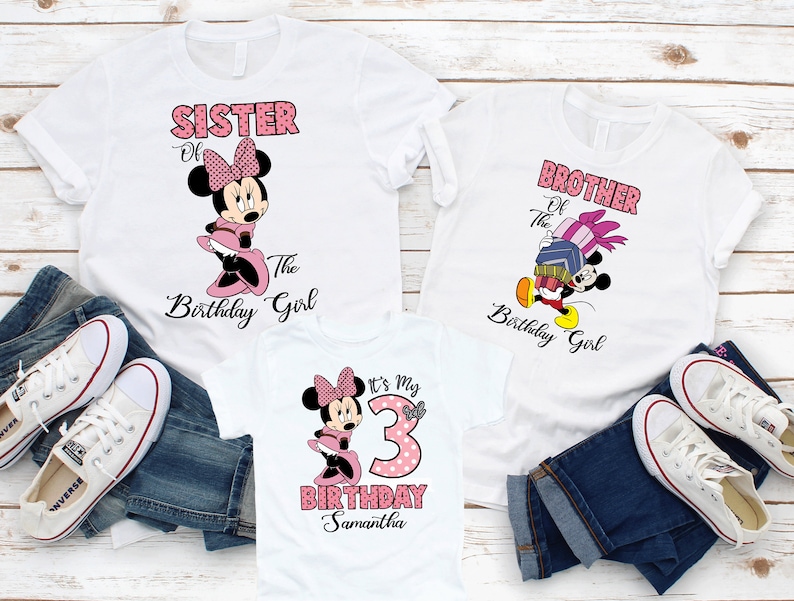 May include: Three white t-shirts with pink and black Mickey Mouse and Minnie Mouse graphics. The shirts say "Sister of the Birthday Girl", "Brother of the Birthday Girl", and "It's My 3rd Birthday Samantha".