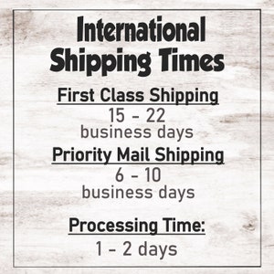 Puede incluir: Tiempos de env&iacute;o internacionales para primera clase y correo prioritario. El env&iacute;o de primera clase tarda de 15 a 22 d&iacute;as h&aacute;biles. El env&iacute;o de correo prioritario tarda de 6 a 10 d&iacute;as h&aacute;biles. El tiempo de procesamiento es de 1 a 2 d&iacute;as.