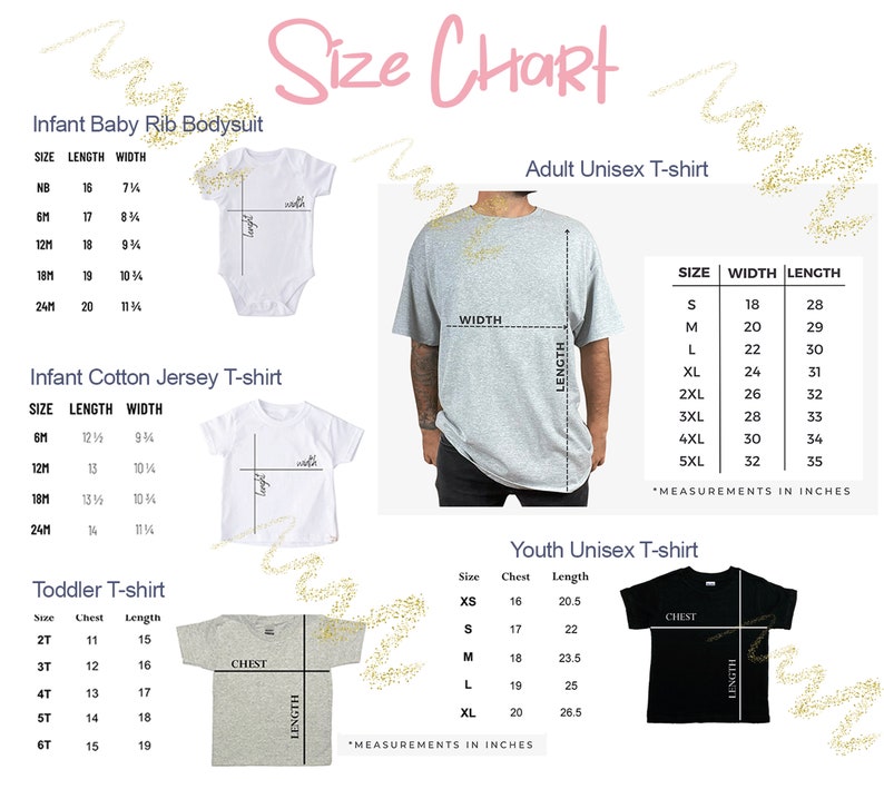 Pode incluir: Tabela de tamanhos para camisetas unisex para beb&ecirc;s, crian&ccedil;as pequenas, jovens e adultos. A tabela inclui medidas em polegadas para o comprimento, a largura, o peito e o tamanho. A tabela est&aacute; dividida em quatro se&ccedil;&otilde;es: Body de beb&ecirc; de ribana, Camiseta de jersey de algod&atilde;o para beb&ecirc;, Camiseta para crian&ccedil;as pequenas, Camiseta unisex para adultos e Camiseta unisex para jovens.