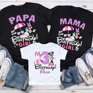 May include: Three t-shirts, two black and one white, with jeans and white trainers. The black shirts read "PAPA of the Birthday Girl" and "MAMA of the Birthday Girl". The white shirt says "My 3rd Birthday Ava".
