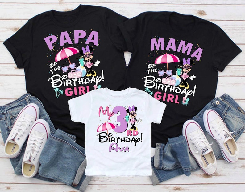May include: Three t-shirts, two black and one white, with jeans and white trainers. The black shirts read "PAPA of the Birthday Girl" and "MAMA of the Birthday Girl". The white shirt says "My 3rd Birthday Ava".
