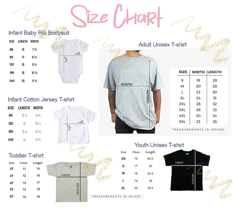 May include: Size chart for infant, toddler, youth, and adult unisex t-shirts. The chart includes measurements in inches for length, width, chest, and size. The chart is divided into four sections: Infant Baby Rib Bodysuit, Infant Cotton Jersey T-shirt, Toddler T-shirt, Adult Unisex T-shirt, and Youth Unisex T-shirt.