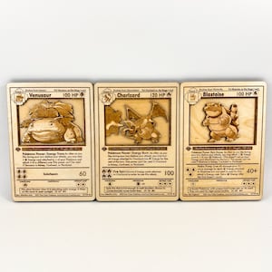Charizard Blastoise & Venusaur 3D Houten Pokemon-kaarten | Houten 3D lasergegraveerde Pokemon-kaart | Pokemon cadeaupakket van drie