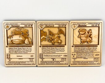 Charizard Blastoise & Venusaur 3D Houten Pokemon-kaarten | Houten 3D lasergegraveerde Pokemon-kaart | Pokemon cadeaupakket van drie