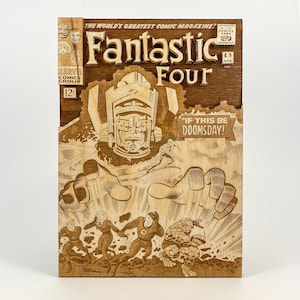 Op de afbeelding: Een gegraveerd beeld van een comicboekomslag voor Fantastic Four #49. De omslag toont de Fantastic Four die tegen Galactus vechten, met de tekst "If this be Doomsday!" in een spraakballon.