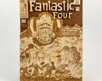 Fantastische Vier 49 | De eerste verschijning van Galactus | 3D-houten stripboek | Silver Age Marvel stripboekomslag