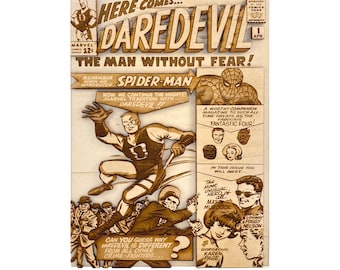 Houten stripboekomslag Daredevil #1: kunst uit de zilvertijd