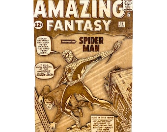 Amazing Fantasy 15 | Eerste verschijning Spider-Man | 3D-houten stripboek | Stripboekomslag uit de Silver Age