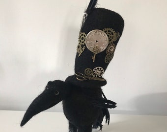 Steampunk Black Raven, Needle Felted Steampunk Raven, Soft Sculpture, Victorian, Gothic, Punk, Gifts for Steampunk lovers, Birthday gift.