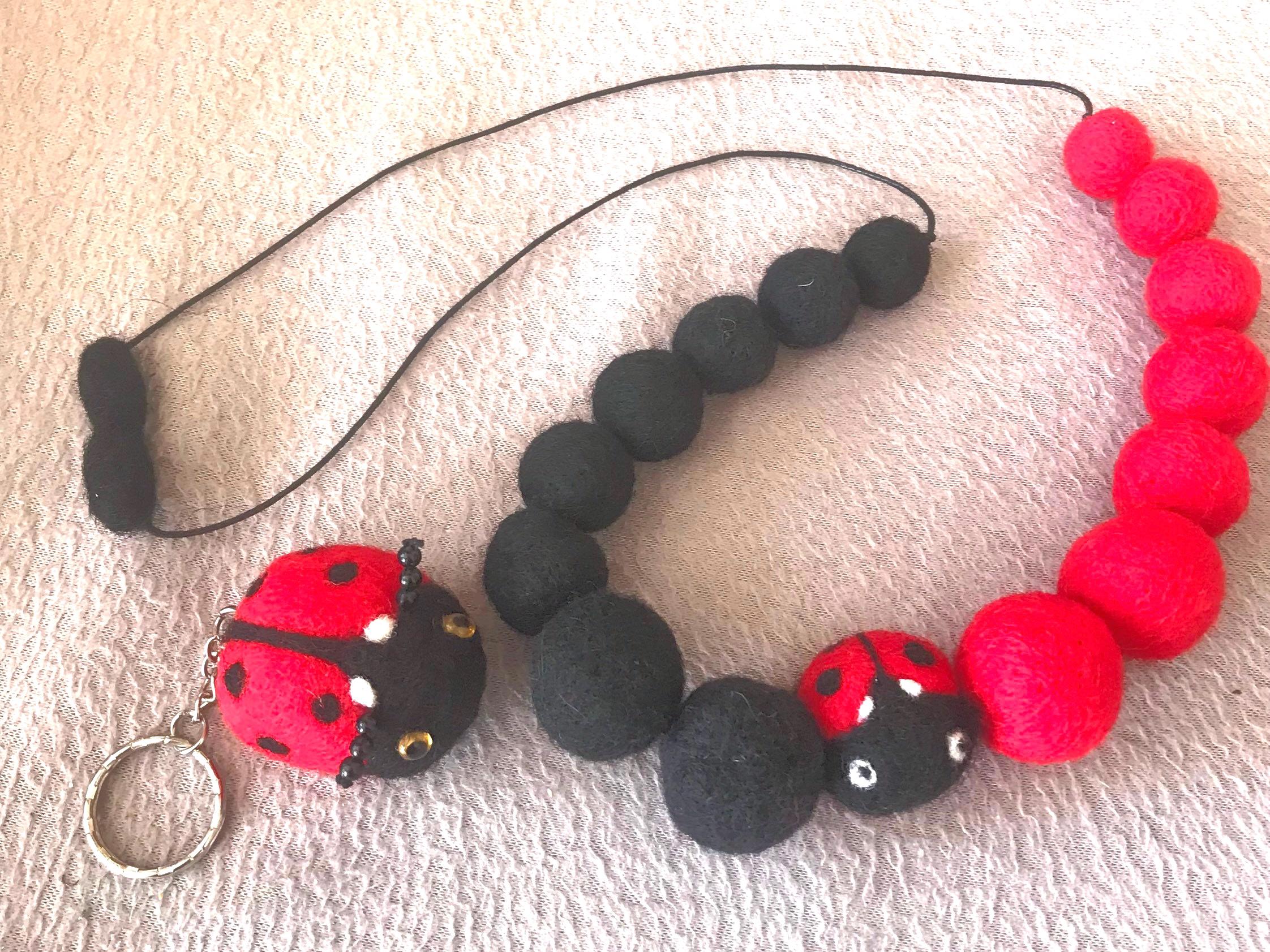 Felted ball ladybird necklace and keyring set, needle felted necklace, ladybug felted necklace, felted ladybird keyring, Birthday gift set.