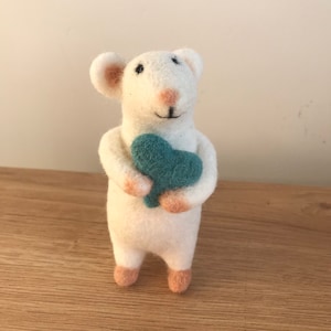 Needle Felted Mouse with Blue Heart:Carded Merino Wool Ornamental display piece