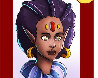 May include: A colouring book cover featuring an illustration of an African fairy with purple hair, gold earrings, and a red gem on her forehead. The title of the book is "African Fairy Portraits: Children's Edition".