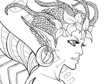 May include: A black and white line drawing of a female figure with intricate details. Her hair is styled in a complex design with floral accents. She has large, expressive eyes and a delicate, feminine face. The figure is wearing a detailed, patterned outfit with a flowing, layered design. The image is a digital illustration.