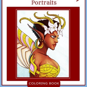 May include: A colouring book cover featuring an illustration of an African fairy with brown skin, yellow hair, and large wings. The fairy is wearing a yellow and gold outfit and has white flowers in her hair. The title of the book is "African Fairy Portraits" and the subtitle is "Colouring Book".